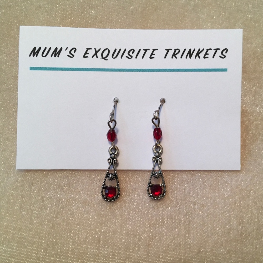 Fish Hook Silver & Red Crystal Dangle Earrings